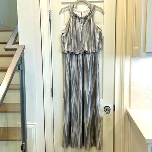 Chico’s Gray and Ivory Satin Maxi w/ Elastic Waist Halter Style Neck sz.M
